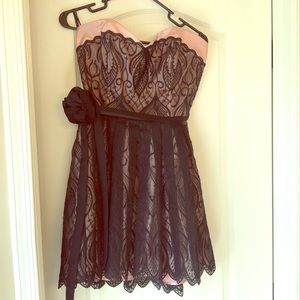 Bebe satin and beaded lace strapless dress